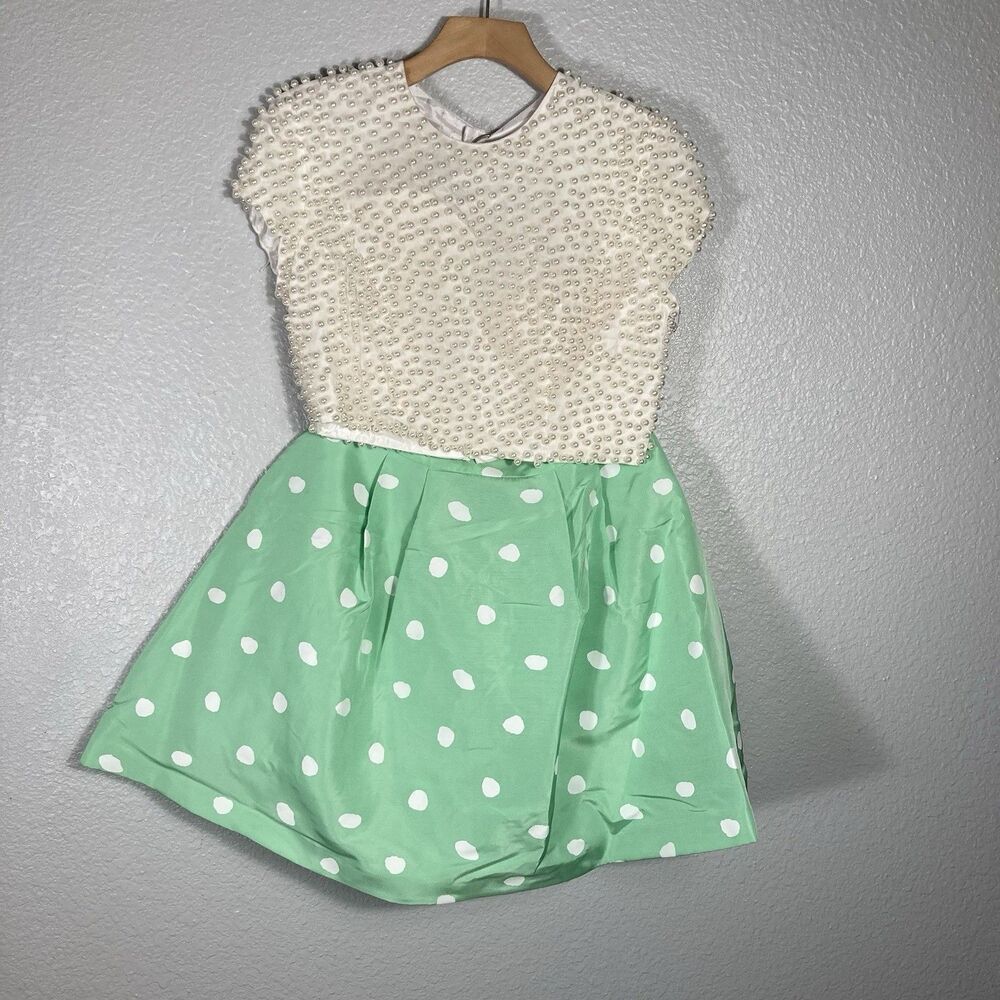 Sherri Hill Two Pc Fully Beaded Crop Top Open Back A-line Polka Dot Skirt 6 READ